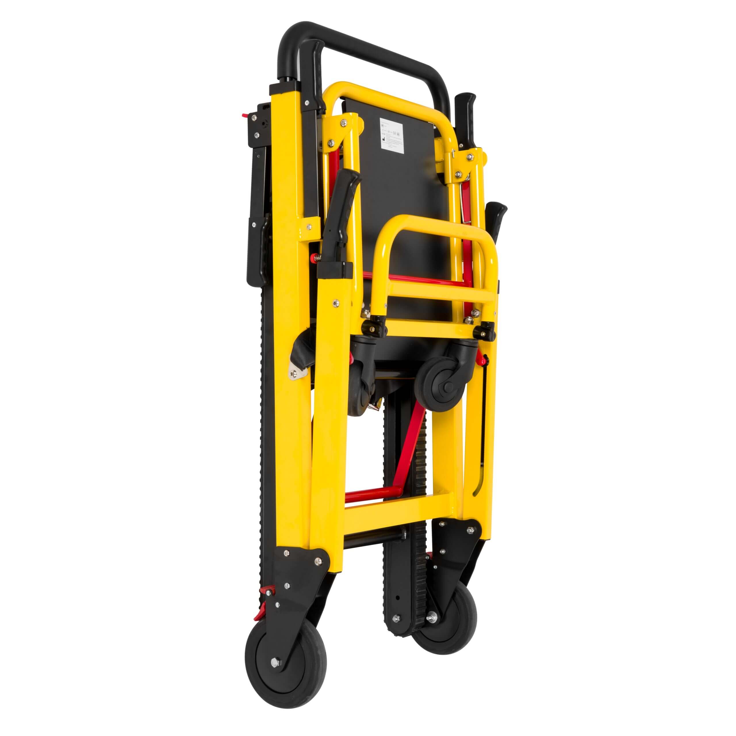 Złożone krzesło ewakuacyjne zajmujące niewiele miejsca, idealne do przechowywania przy klatkach schodowych